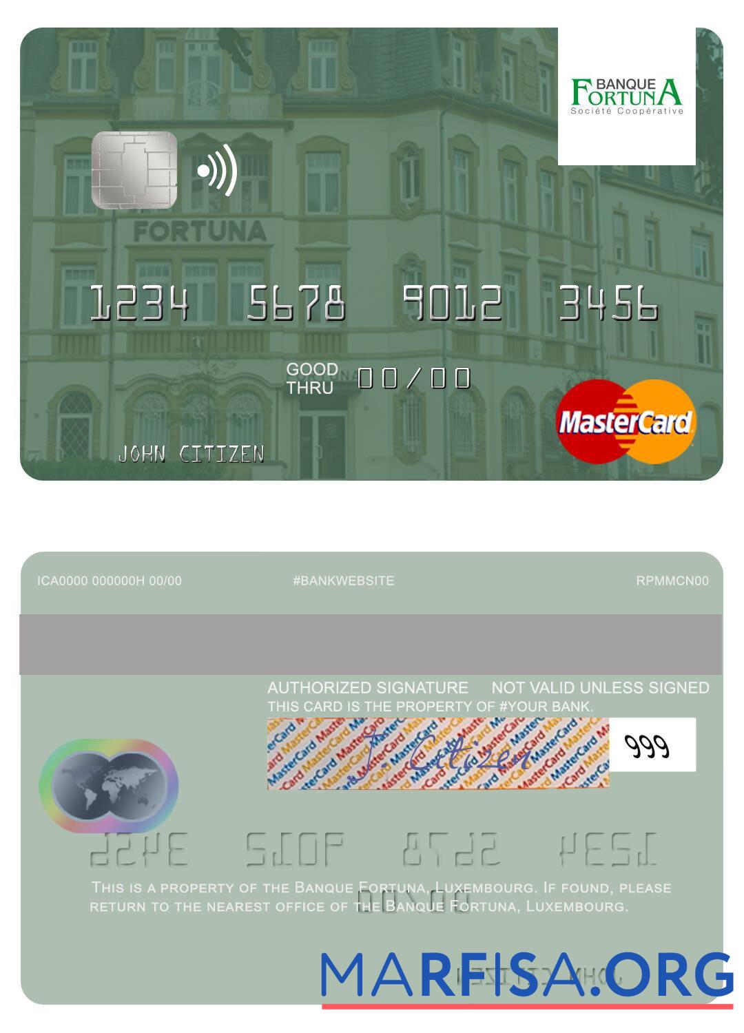 Realistic Luxembourg Banque Fortuna mastercard download for verification
